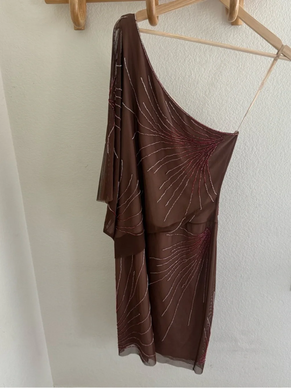 BCBG maxazria rare Y2K 90s brown one shoulder dress beaded stretchy Size M - Picture 5 of 9